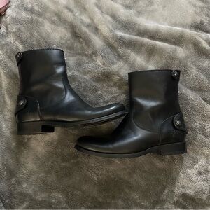 FRYE Melissa Button Zip Short Ankle Boots Black Leather Biker - 5.5B